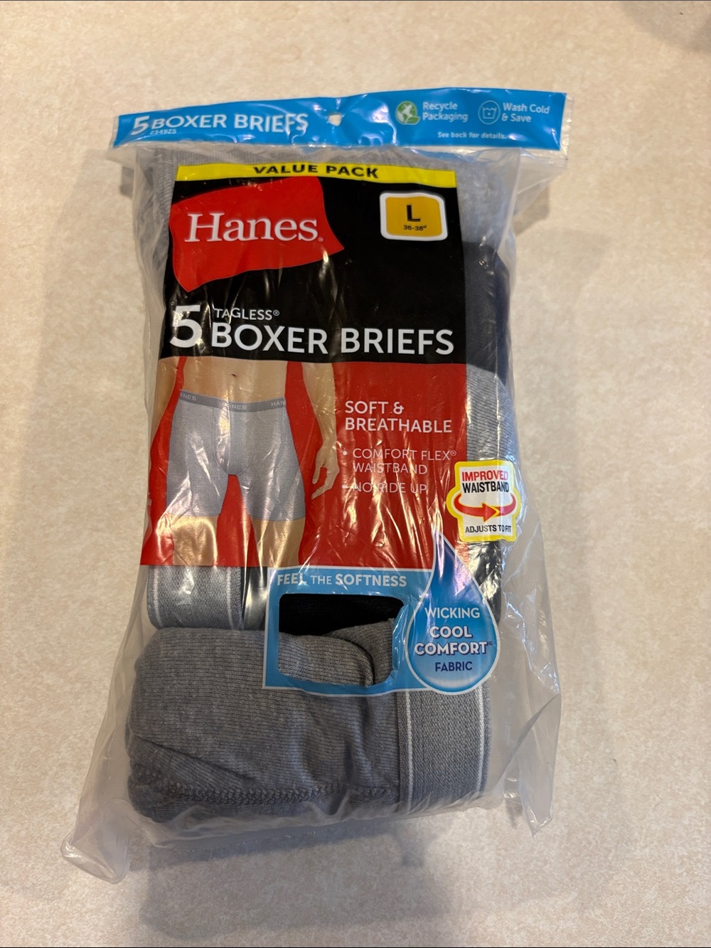 Hanes Men's Boxer Briefs 5-Pack - Gray and black size large 36”-38”
